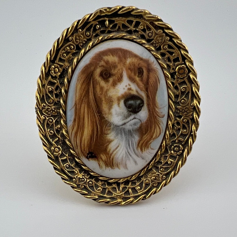 Vintage Mini Dog Portrait Picture Frame Gold Tone Oval Spaniel Cameo 2"